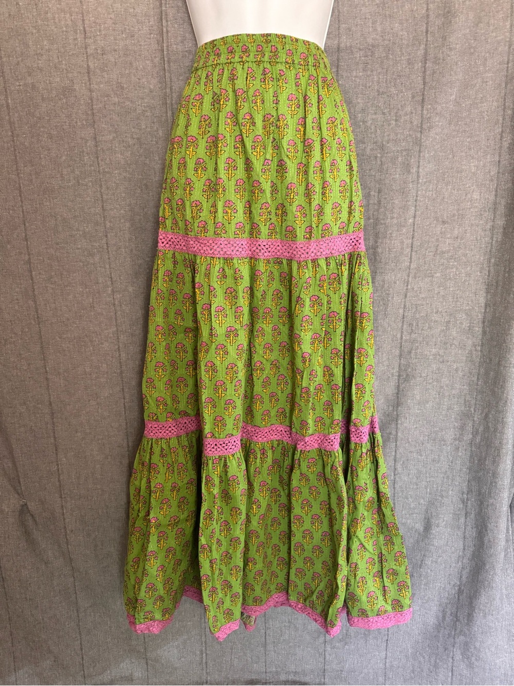 OH MY STARS! Green Pink Floral Cotton Tiered Maxi Skirt Lg Boho Festival Whimsy